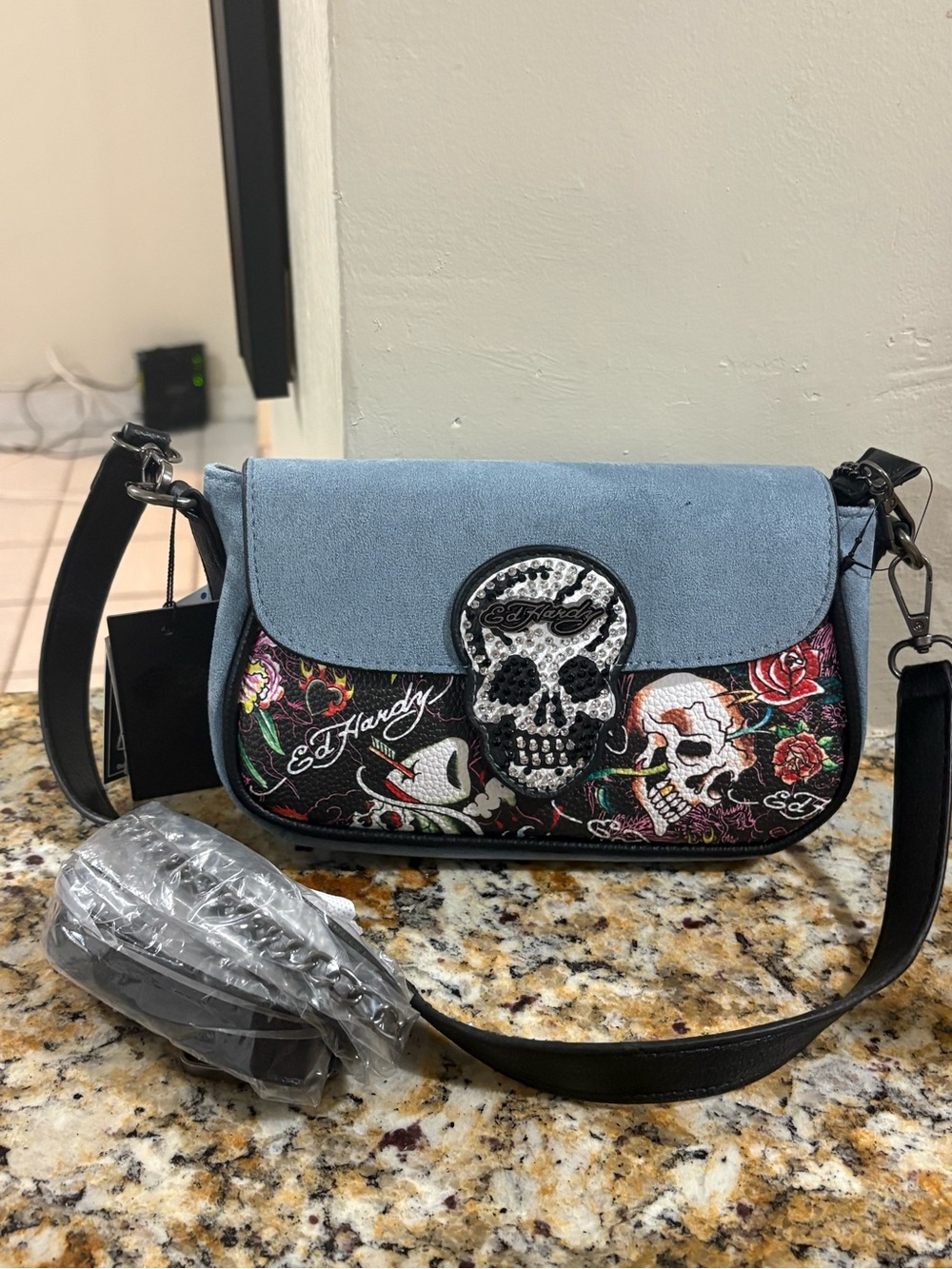 NWT Ed Hardy Denim rhinestone skull shoulder bag/Crossbody